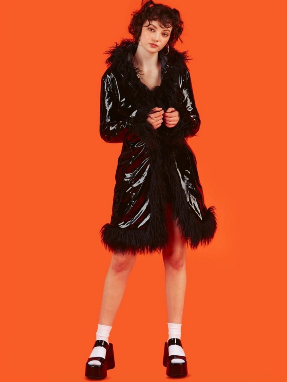 UNIF Imp Coat Glossy Vinyl Faux Fur Trim Hooded Jacket Black Medium Whimsigoth